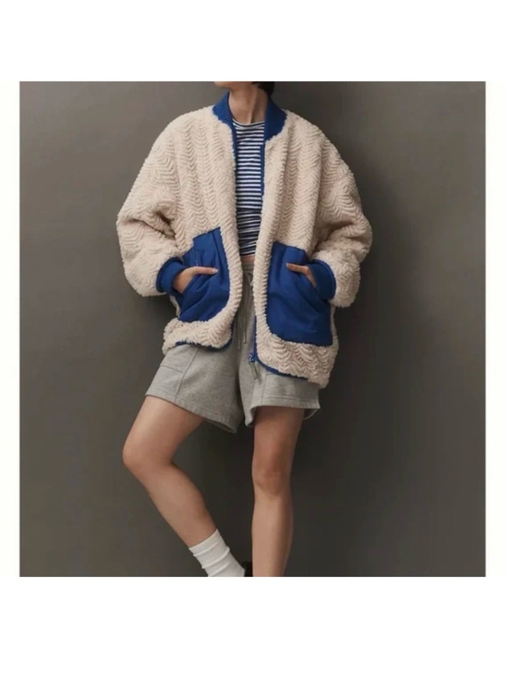 Pilcro Cream Teddy Jacket with Blue Trim